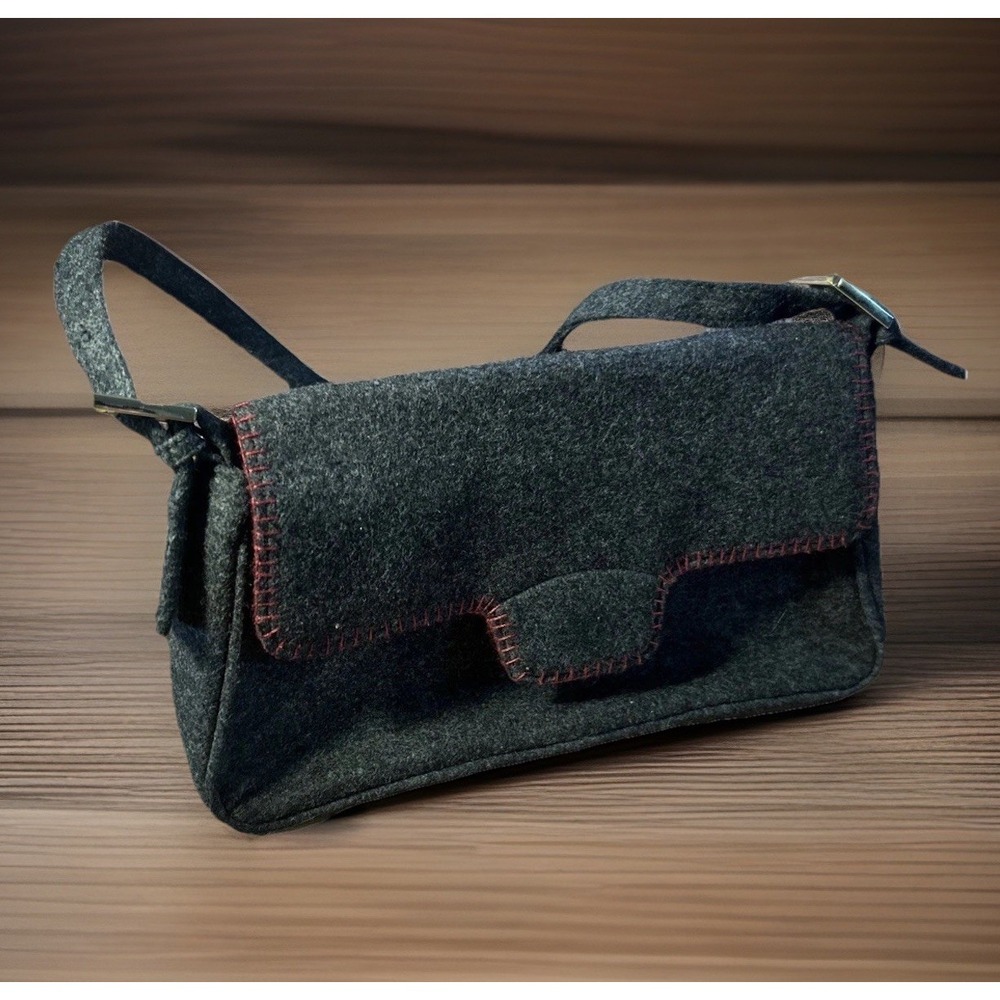Vintage Liz Claiborne Villager Wool Felt Baguette Shoulder Bag Gray Red Stitch